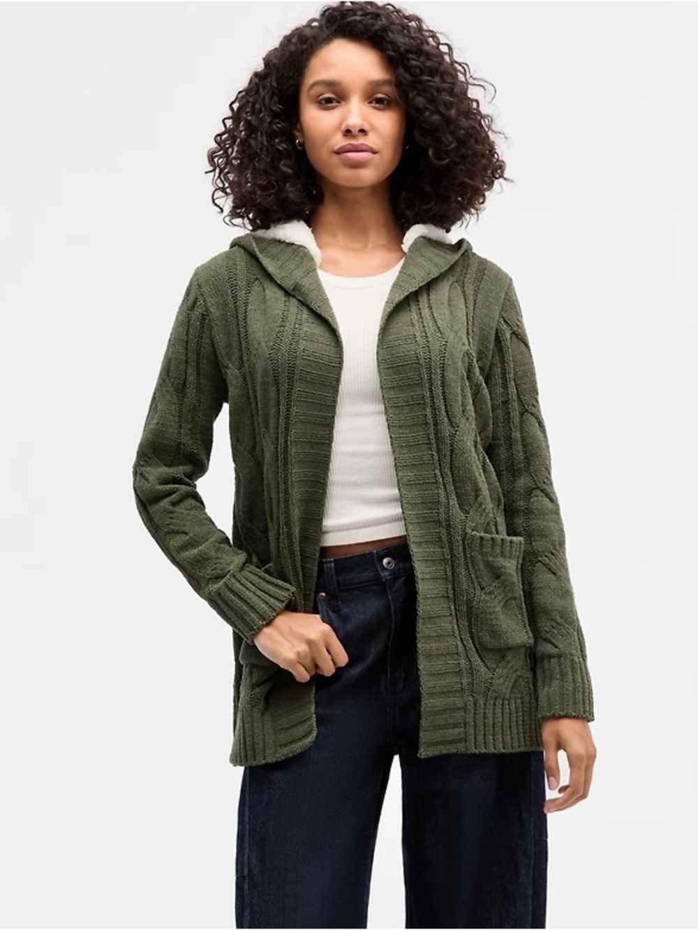 NEW! NWT Madden Girl Olive Cable-Knit Sherpa Hooded Cardigan, Juniors, Green